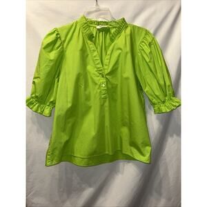 Maude Vivante Womens Large Cotton Puff Sleeve Ruffle V-Neck Blouse Green Whimsy
